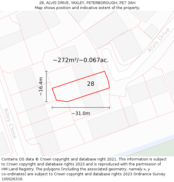28, ALVIS DRIVE, YAXLEY, PETERBOROUGH, PE7 3AH: Plot and title map