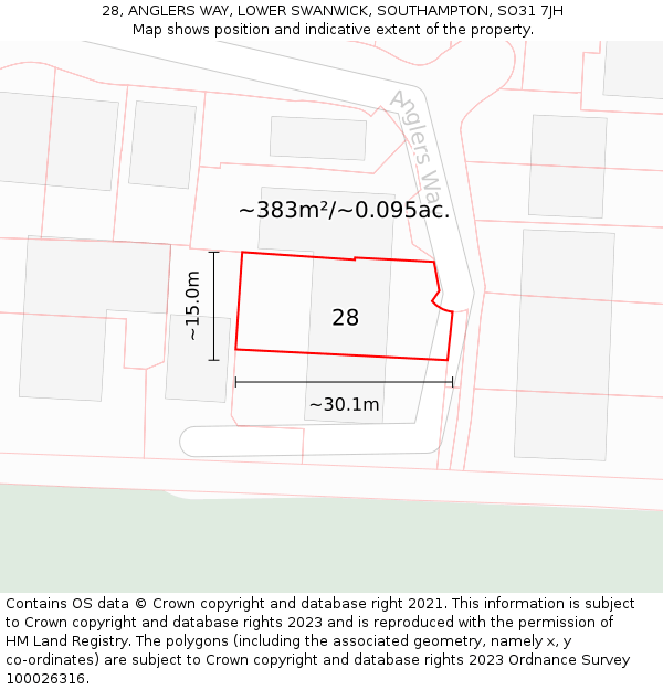 28, ANGLERS WAY, LOWER SWANWICK, SOUTHAMPTON, SO31 7JH: Plot and title map