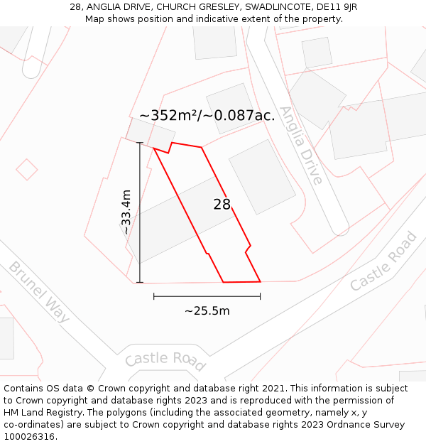 28, ANGLIA DRIVE, CHURCH GRESLEY, SWADLINCOTE, DE11 9JR: Plot and title map