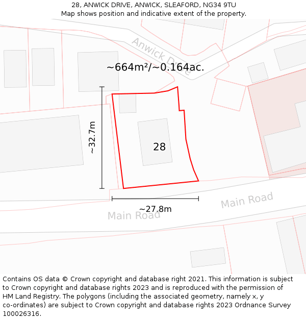28, ANWICK DRIVE, ANWICK, SLEAFORD, NG34 9TU: Plot and title map