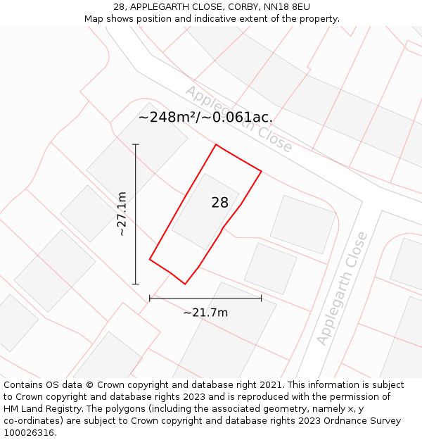 28, APPLEGARTH CLOSE, CORBY, NN18 8EU: Plot and title map