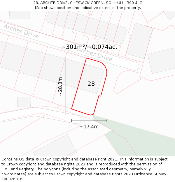 28, ARCHER DRIVE, CHESWICK GREEN, SOLIHULL, B90 4LG: Plot and title map