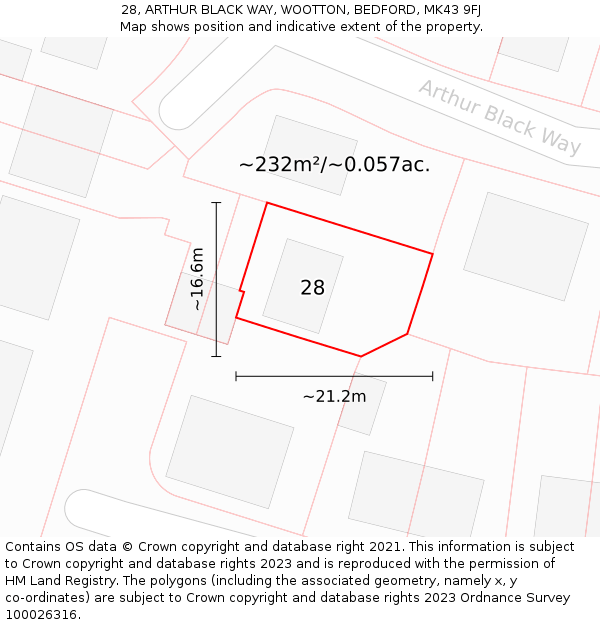 28, ARTHUR BLACK WAY, WOOTTON, BEDFORD, MK43 9FJ: Plot and title map