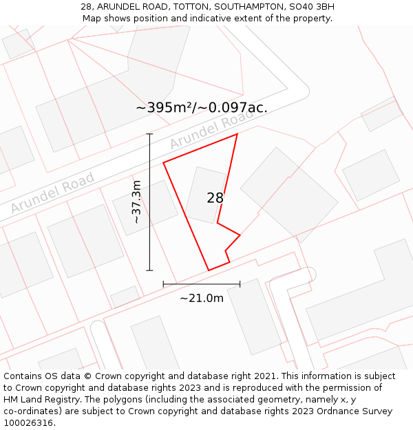 28, ARUNDEL ROAD, TOTTON, SOUTHAMPTON, SO40 3BH: Plot and title map