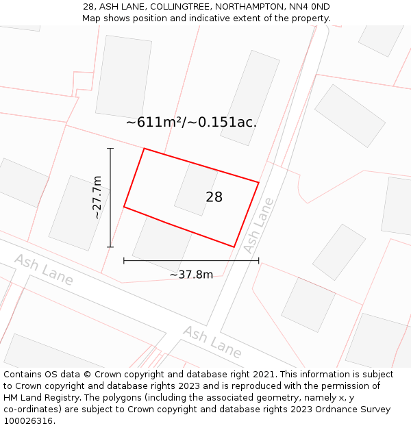 28, ASH LANE, COLLINGTREE, NORTHAMPTON, NN4 0ND: Plot and title map