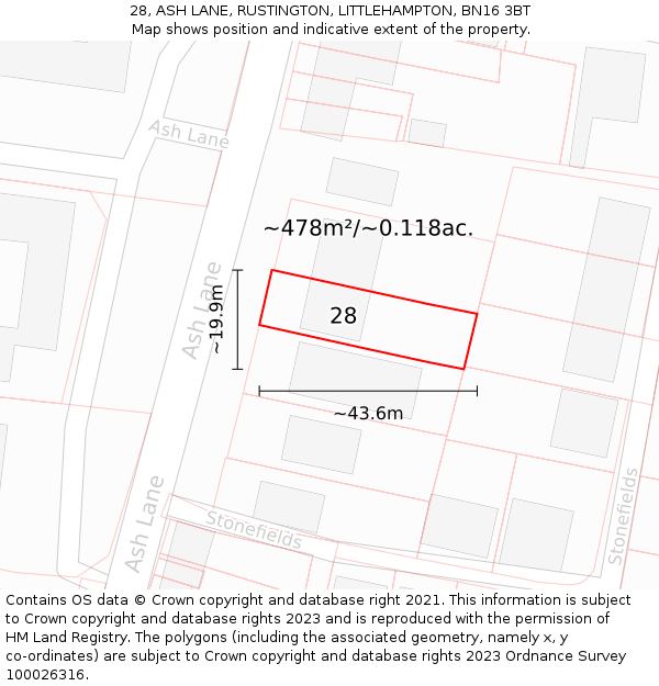 28, ASH LANE, RUSTINGTON, LITTLEHAMPTON, BN16 3BT: Plot and title map