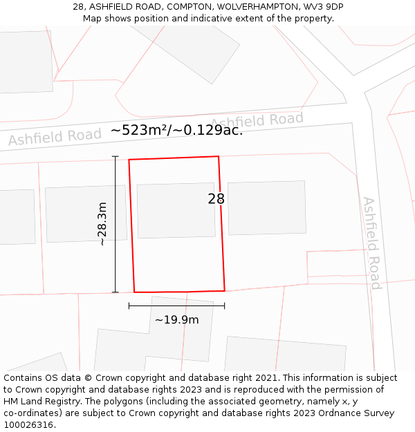 28, ASHFIELD ROAD, COMPTON, WOLVERHAMPTON, WV3 9DP: Plot and title map