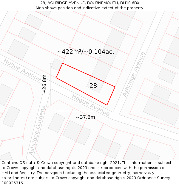 28, ASHRIDGE AVENUE, BOURNEMOUTH, BH10 6BX: Plot and title map