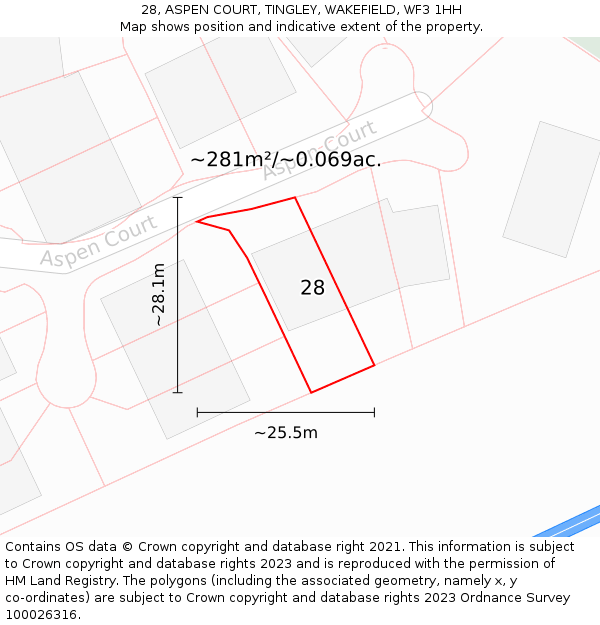 28, ASPEN COURT, TINGLEY, WAKEFIELD, WF3 1HH: Plot and title map