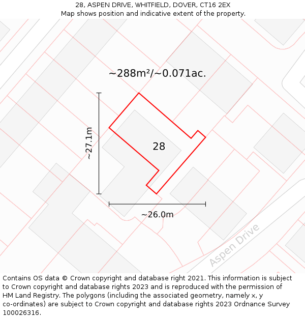 28, ASPEN DRIVE, WHITFIELD, DOVER, CT16 2EX: Plot and title map