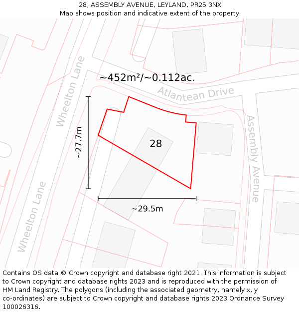28, ASSEMBLY AVENUE, LEYLAND, PR25 3NX: Plot and title map