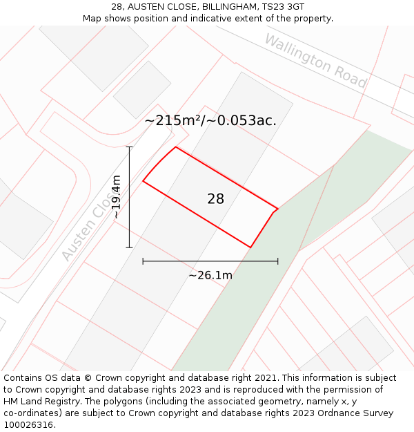 28, AUSTEN CLOSE, BILLINGHAM, TS23 3GT: Plot and title map