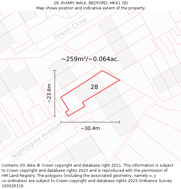 28, AVIARY WALK, BEDFORD, MK41 7JD: Plot and title map