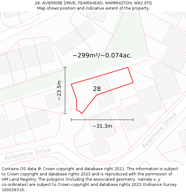 28, AVIEMORE DRIVE, FEARNHEAD, WARRINGTON, WA2 0TQ: Plot and title map