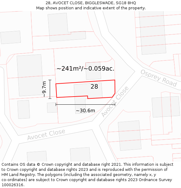 28, AVOCET CLOSE, BIGGLESWADE, SG18 8HQ: Plot and title map