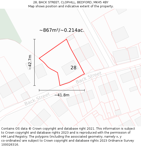 28, BACK STREET, CLOPHILL, BEDFORD, MK45 4BY: Plot and title map