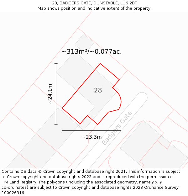 28, BADGERS GATE, DUNSTABLE, LU6 2BF: Plot and title map