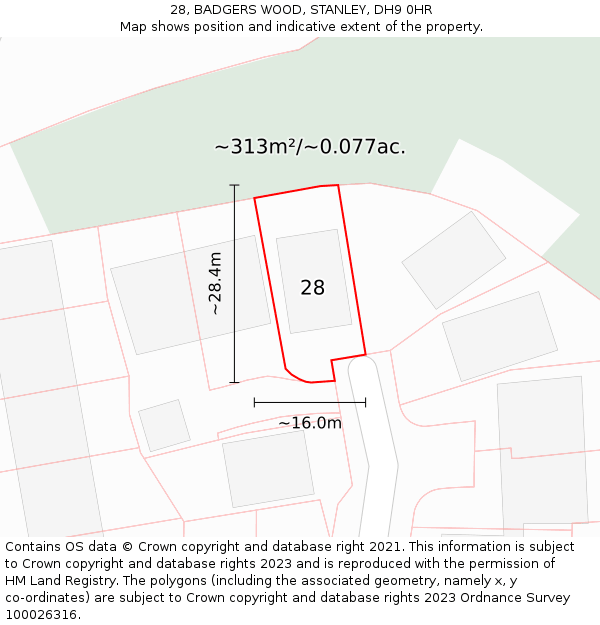 28, BADGERS WOOD, STANLEY, DH9 0HR: Plot and title map