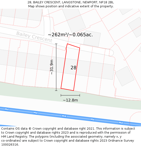 28, BAILEY CRESCENT, LANGSTONE, NEWPORT, NP18 2BL: Plot and title map