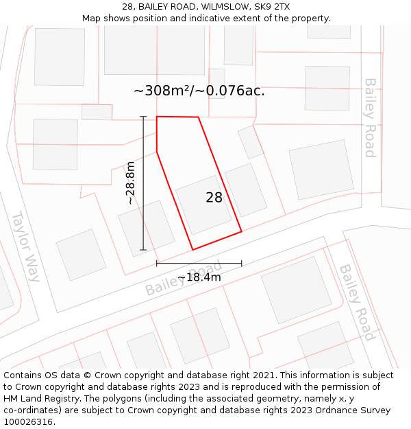 28, BAILEY ROAD, WILMSLOW, SK9 2TX: Plot and title map