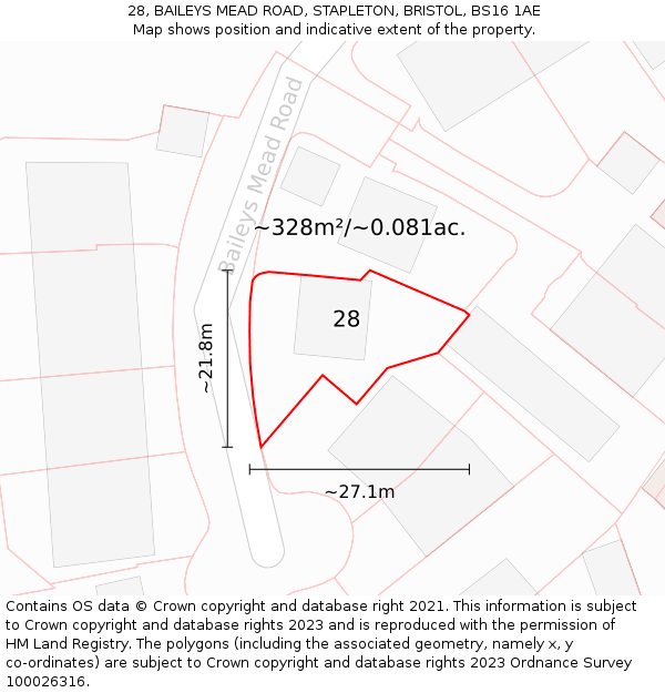 28, BAILEYS MEAD ROAD, STAPLETON, BRISTOL, BS16 1AE: Plot and title map