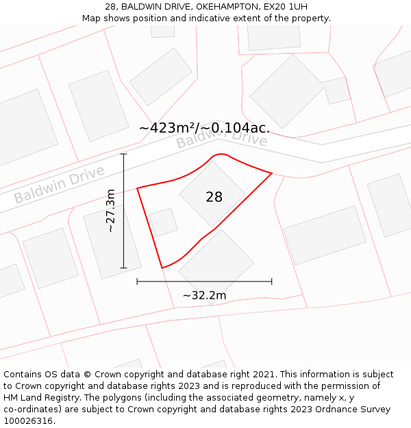 28, BALDWIN DRIVE, OKEHAMPTON, EX20 1UH: Plot and title map