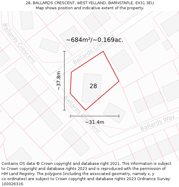 28, BALLARDS CRESCENT, WEST YELLAND, BARNSTAPLE, EX31 3EU: Plot and title map