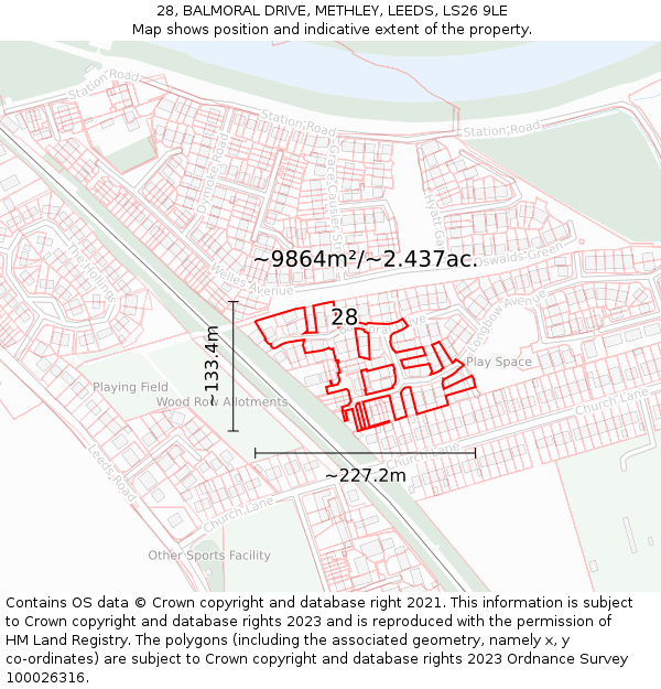28, BALMORAL DRIVE, METHLEY, LEEDS, LS26 9LE: Plot and title map