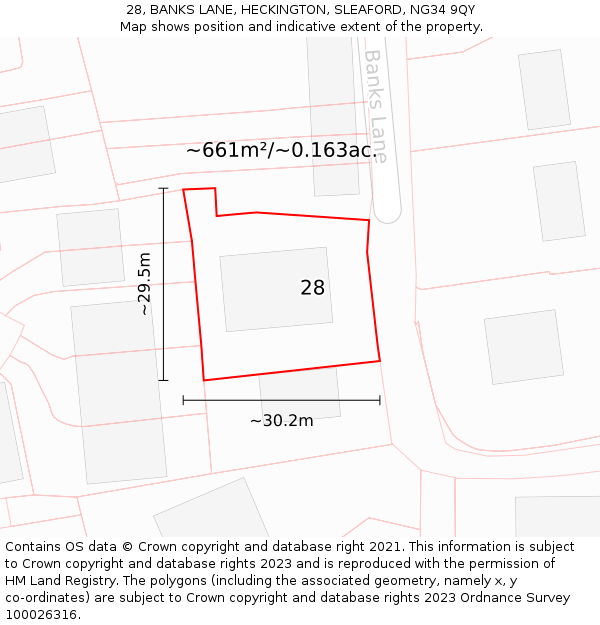 28, BANKS LANE, HECKINGTON, SLEAFORD, NG34 9QY: Plot and title map