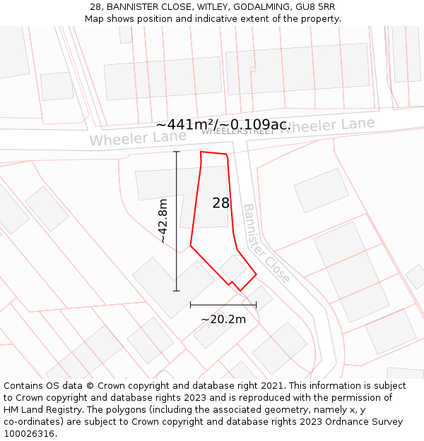 28, BANNISTER CLOSE, WITLEY, GODALMING, GU8 5RR: Plot and title map
