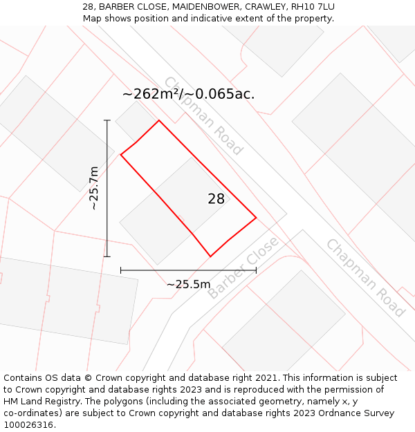 28, BARBER CLOSE, MAIDENBOWER, CRAWLEY, RH10 7LU: Plot and title map