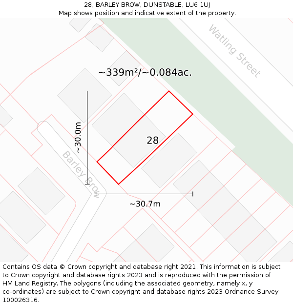 28, BARLEY BROW, DUNSTABLE, LU6 1UJ: Plot and title map