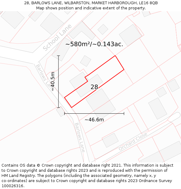 28, BARLOWS LANE, WILBARSTON, MARKET HARBOROUGH, LE16 8QB: Plot and title map