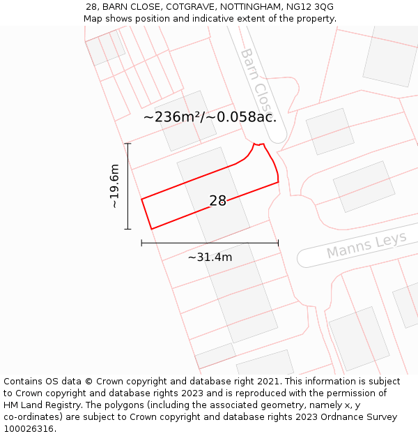 28, BARN CLOSE, COTGRAVE, NOTTINGHAM, NG12 3QG: Plot and title map