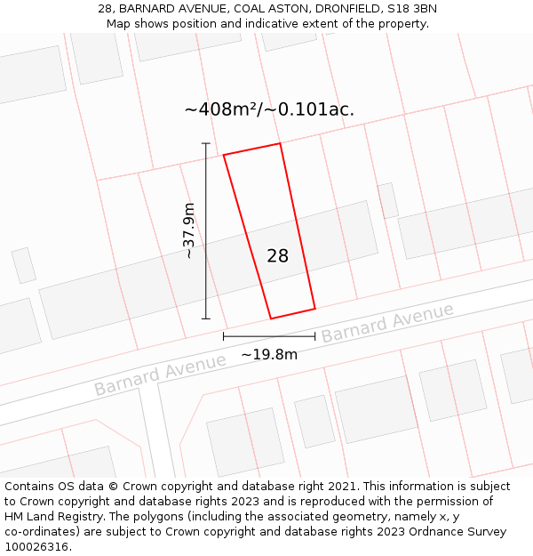 28, BARNARD AVENUE, COAL ASTON, DRONFIELD, S18 3BN: Plot and title map