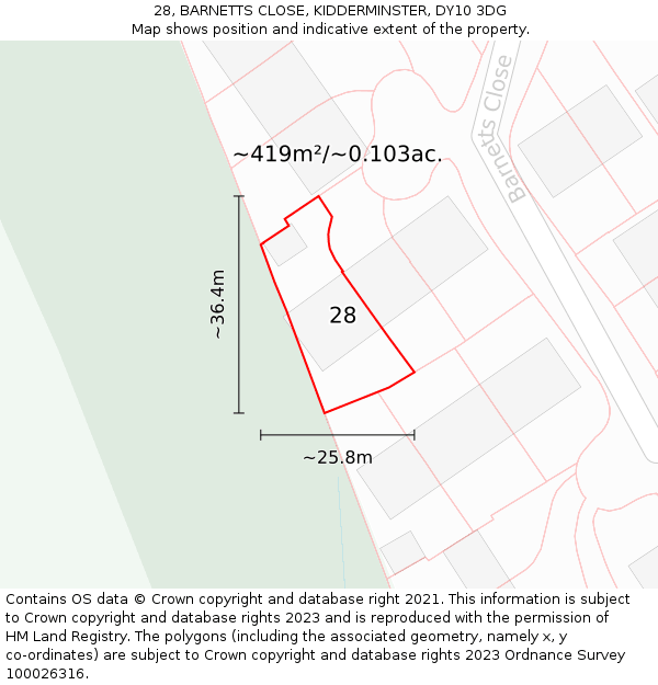28, BARNETTS CLOSE, KIDDERMINSTER, DY10 3DG: Plot and title map