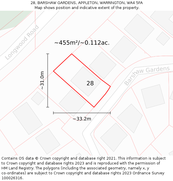 28, BARSHAW GARDENS, APPLETON, WARRINGTON, WA4 5FA: Plot and title map