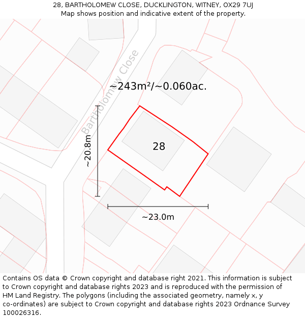 28, BARTHOLOMEW CLOSE, DUCKLINGTON, WITNEY, OX29 7UJ: Plot and title map