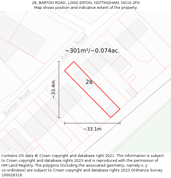 28, BARTON ROAD, LONG EATON, NOTTINGHAM, NG10 2FN: Plot and title map