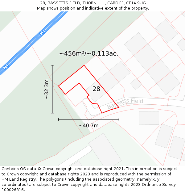 28, BASSETTS FIELD, THORNHILL, CARDIFF, CF14 9UG: Plot and title map