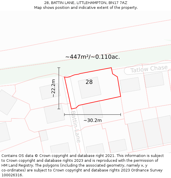 28, BATTIN LANE, LITTLEHAMPTON, BN17 7AZ: Plot and title map