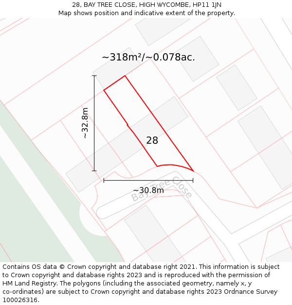 28, BAY TREE CLOSE, HIGH WYCOMBE, HP11 1JN: Plot and title map