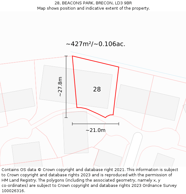 28, BEACONS PARK, BRECON, LD3 9BR: Plot and title map