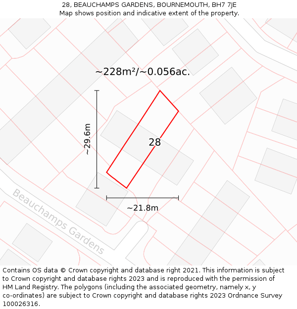 28, BEAUCHAMPS GARDENS, BOURNEMOUTH, BH7 7JE: Plot and title map