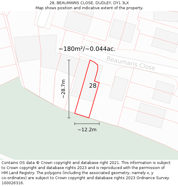 28, BEAUMARIS CLOSE, DUDLEY, DY1 3LX: Plot and title map