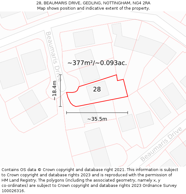 28, BEAUMARIS DRIVE, GEDLING, NOTTINGHAM, NG4 2RA: Plot and title map