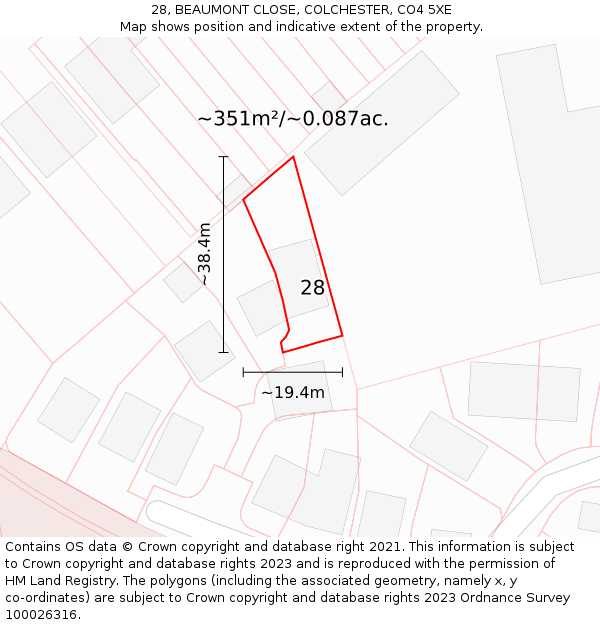 28, BEAUMONT CLOSE, COLCHESTER, CO4 5XE: Plot and title map