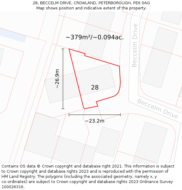 28, BECCELM DRIVE, CROWLAND, PETERBOROUGH, PE6 0AG: Plot and title map