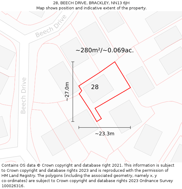 28, BEECH DRIVE, BRACKLEY, NN13 6JH: Plot and title map