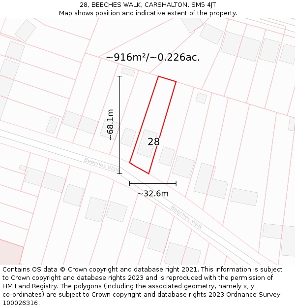 28, BEECHES WALK, CARSHALTON, SM5 4JT: Plot and title map